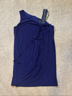 Betsy & Adam One-Shoulder Jewel-Embellished Navy Dress